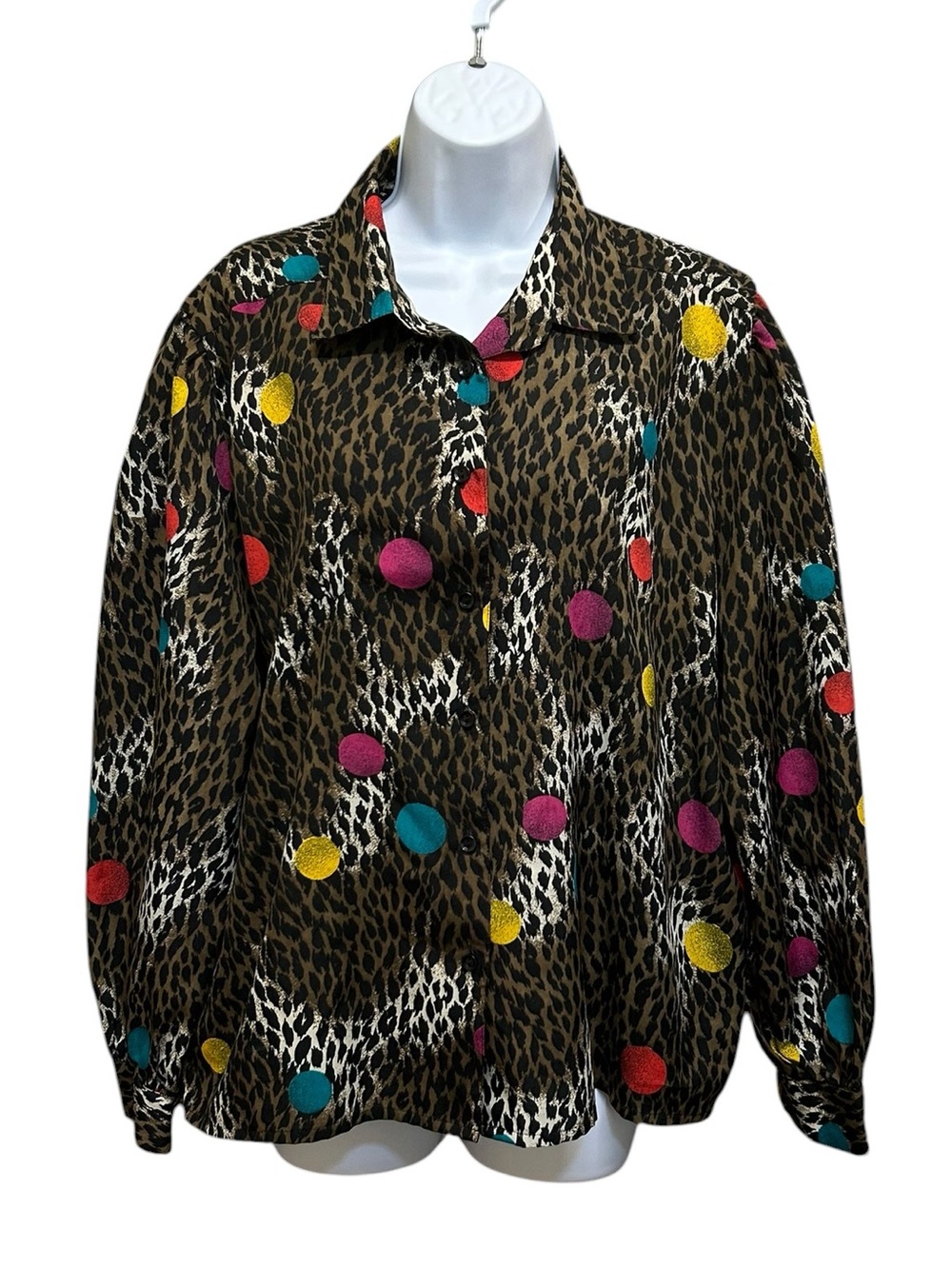 Vintage Jessica Animal Print Bold Polka Dot Button Front Blouse Plus Size 18